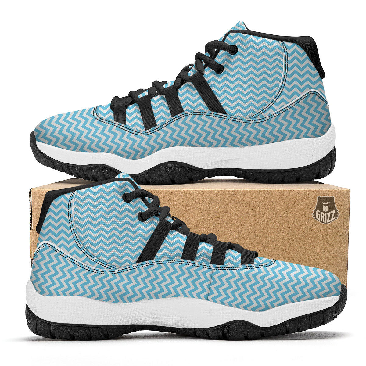 Zigzag White And Blue Print Pattern Black Bball Shoes-grizzshop