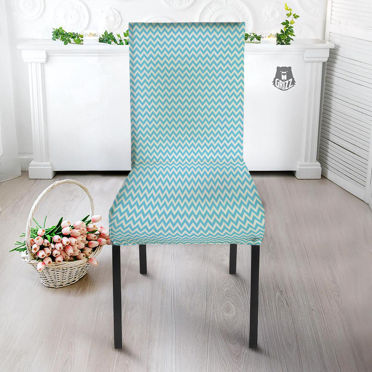 Zigzag White And Blue Print Pattern Dining Chair Slipcover-grizzshop