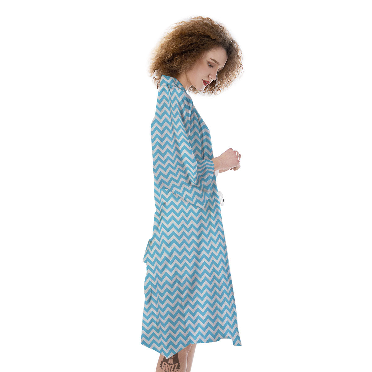 Zigzag White And Blue Print Pattern Kimono-grizzshop