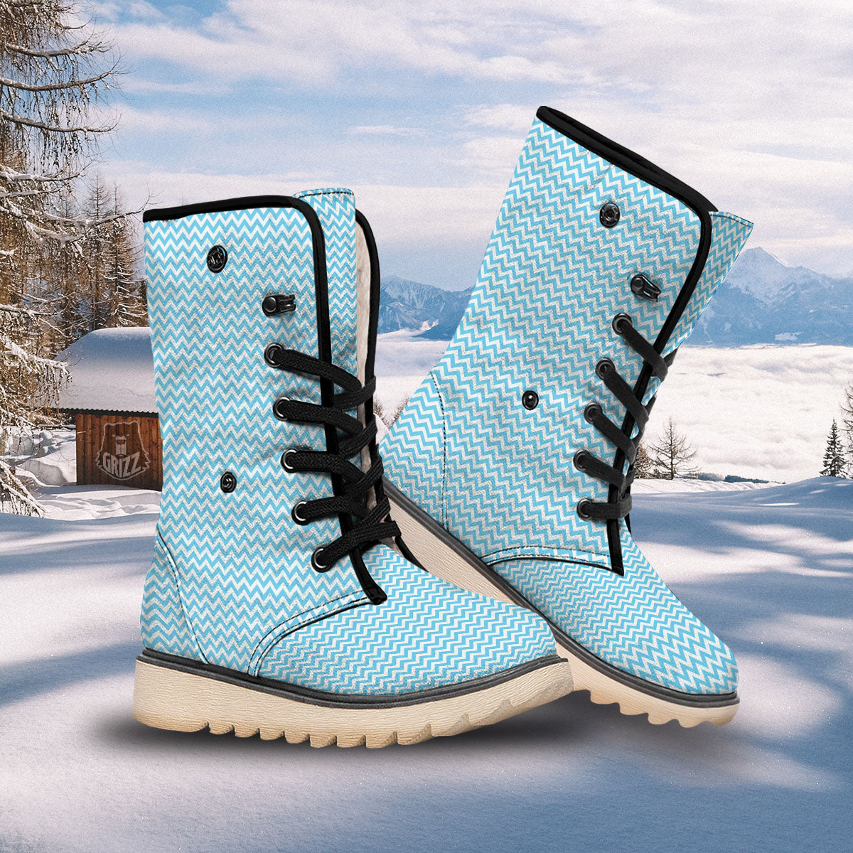 Zigzag White And Blue Print Pattern Snow Boots-grizzshop