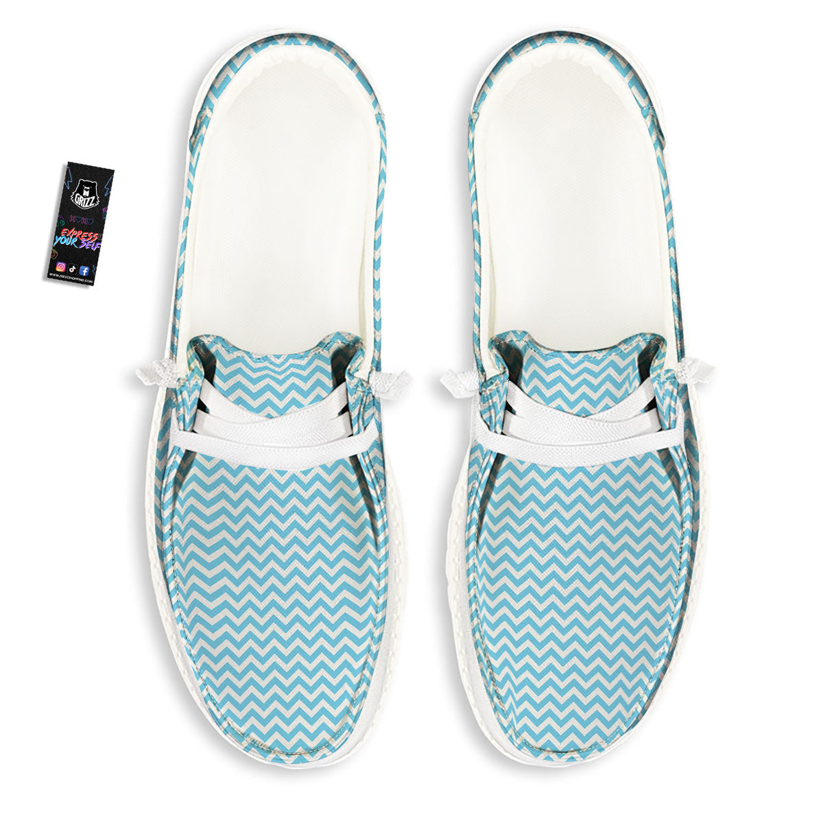 Zigzag White And Blue Print Pattern White Loafers-grizzshop