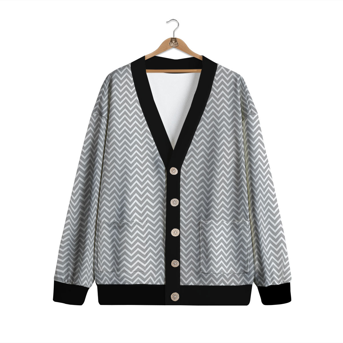 Zigzag White And Grey Print Pattern Cardigan-grizzshop