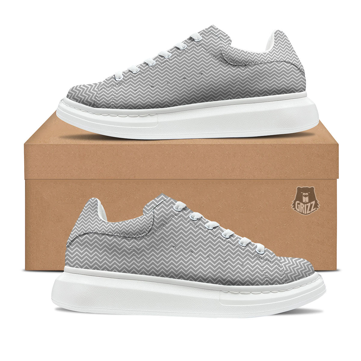 Zigzag White And Grey Print Pattern Platform Shoes-grizzshop
