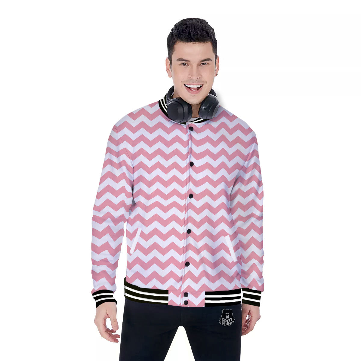 Zigzag White And Pink Print Pattern Baseball Jacket-grizzshop