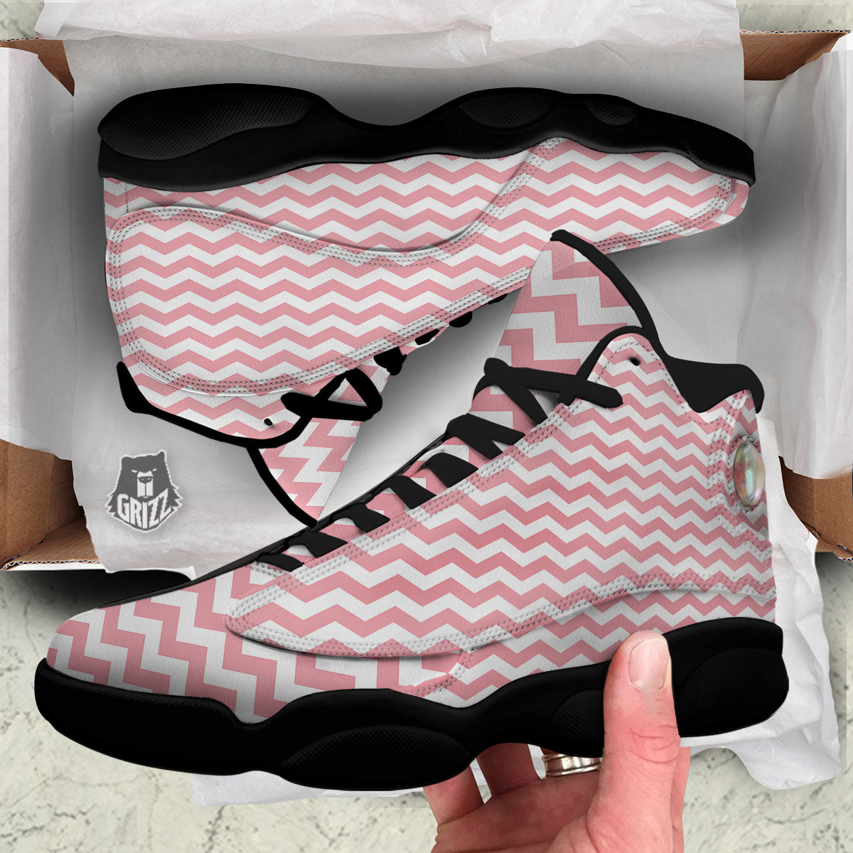 Zigzag White And Pink Print Pattern Black Basketball Shoes-grizzshop