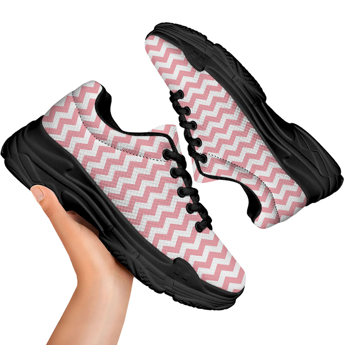 Zigzag White And Pink Print Pattern Black Chunky Shoes-grizzshop