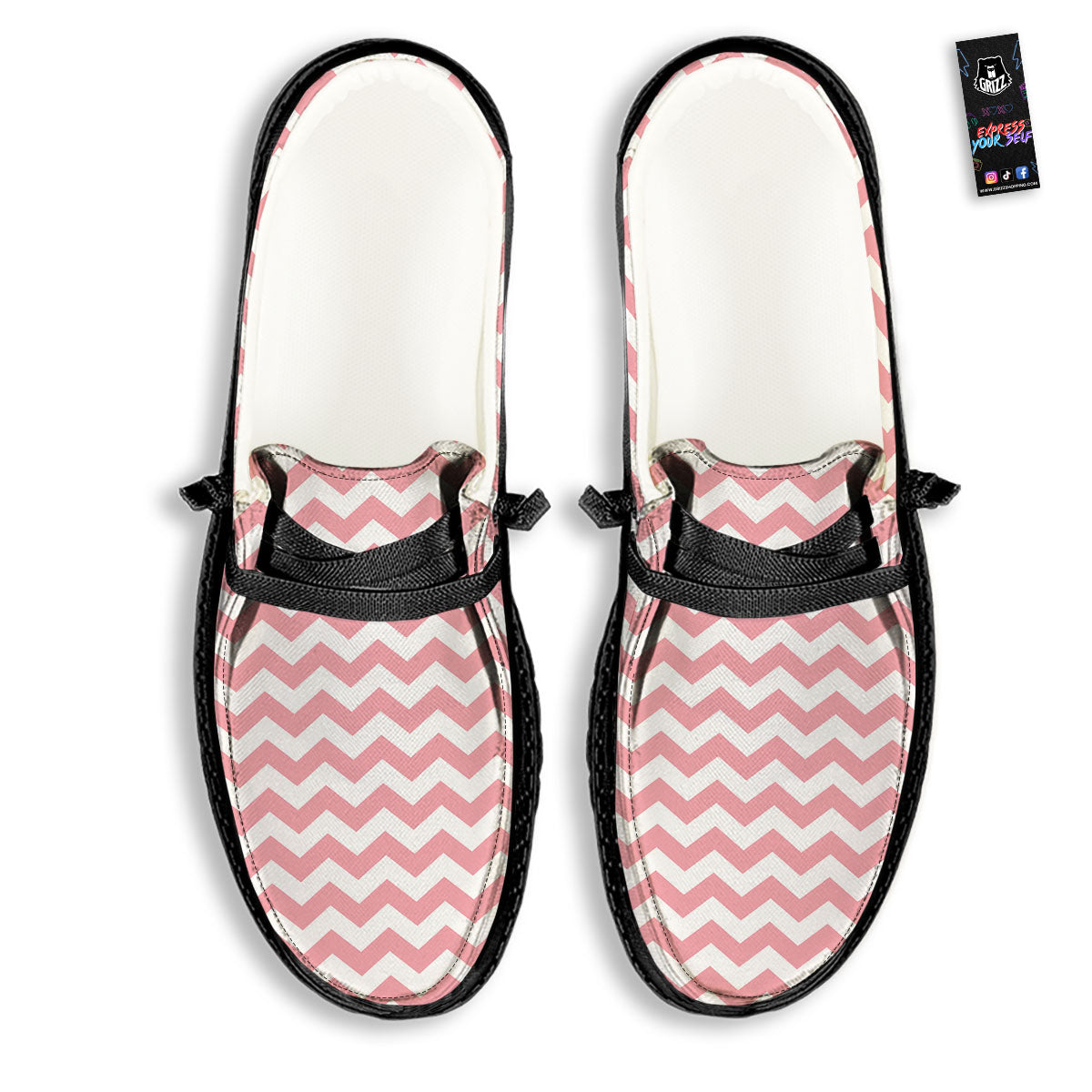 Zigzag White And Pink Print Pattern Black Loafers-grizzshop