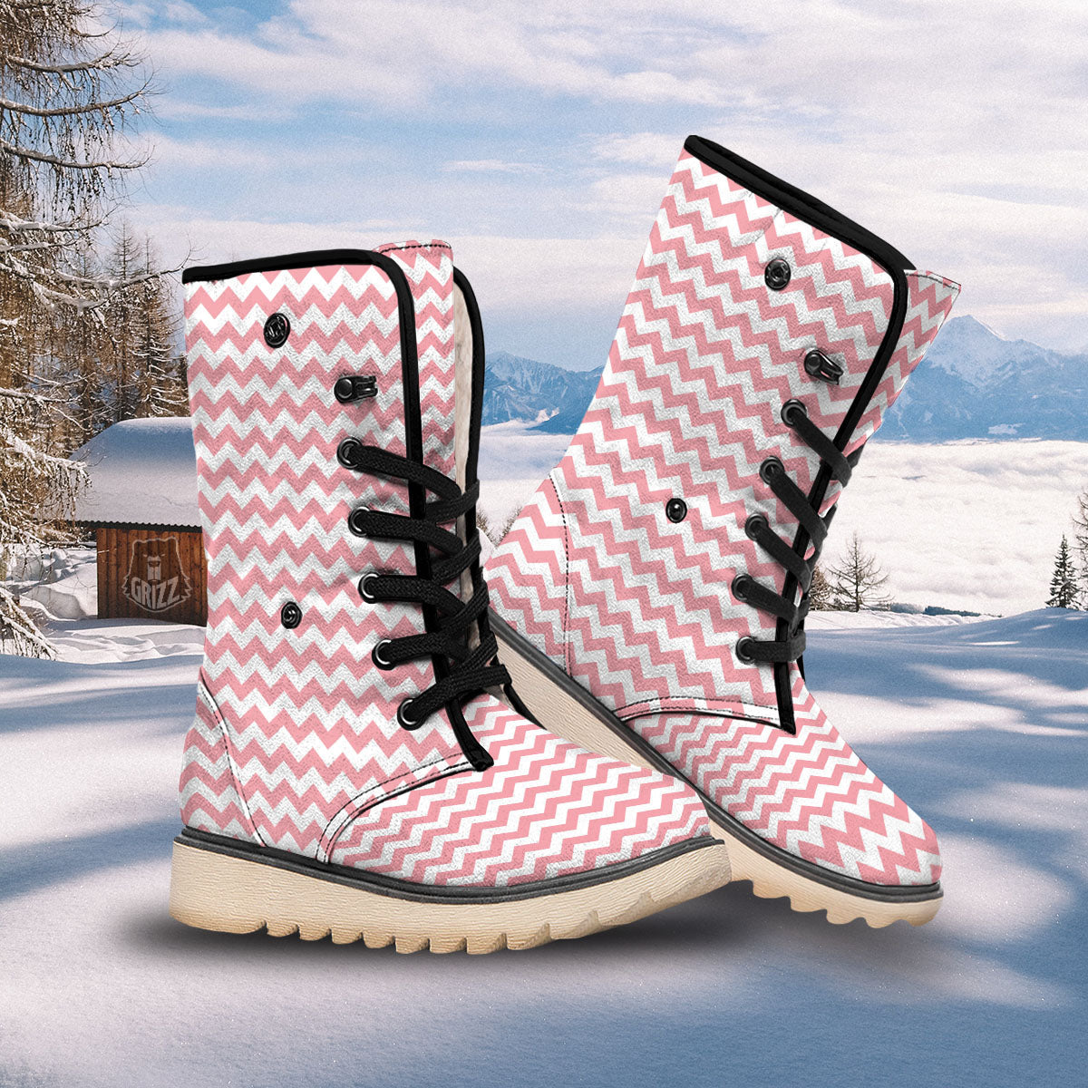 Zigzag White And Pink Print Pattern Snow Boots-grizzshop
