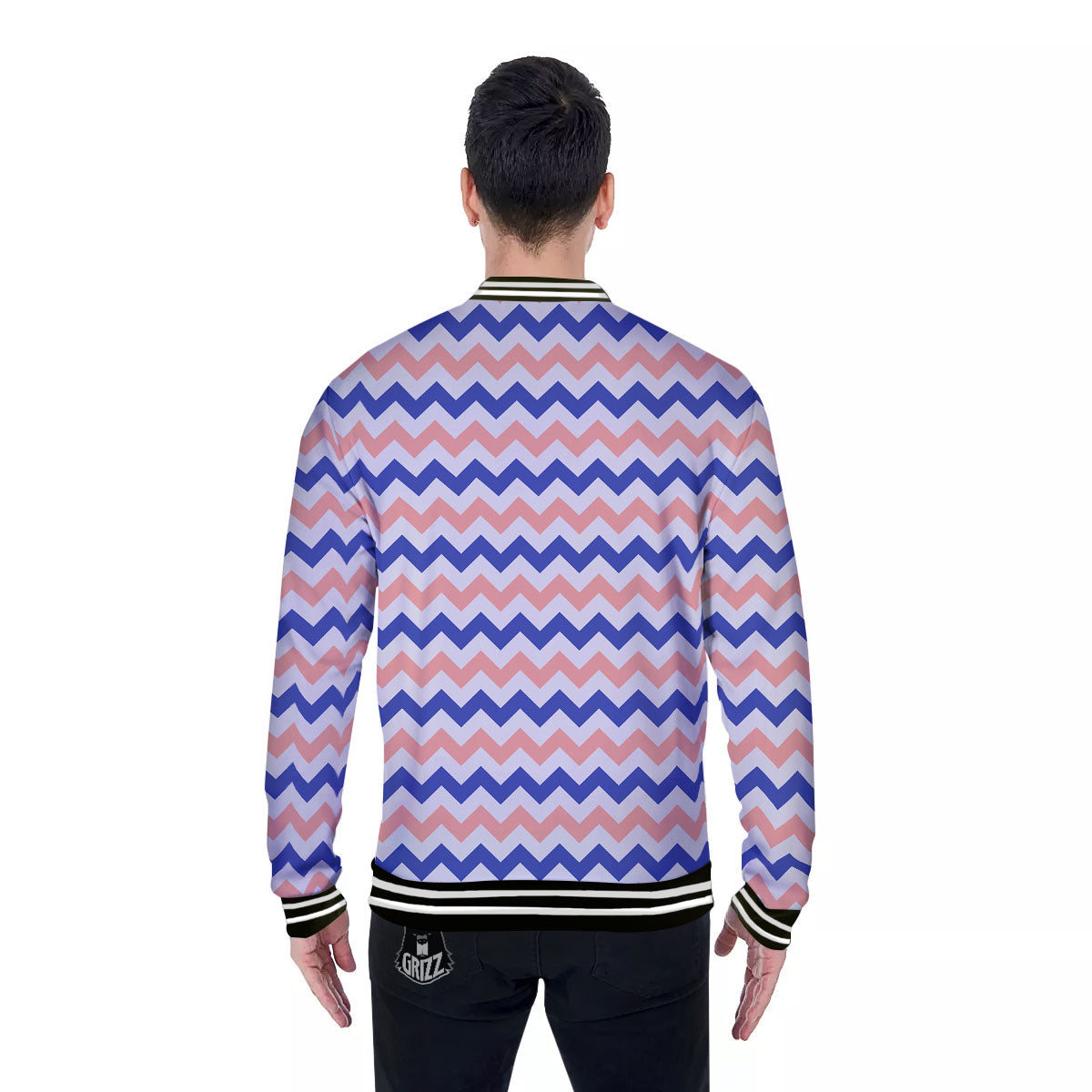Zigzag White Pink And Navy Print Pattern Baseball Jacket-grizzshop