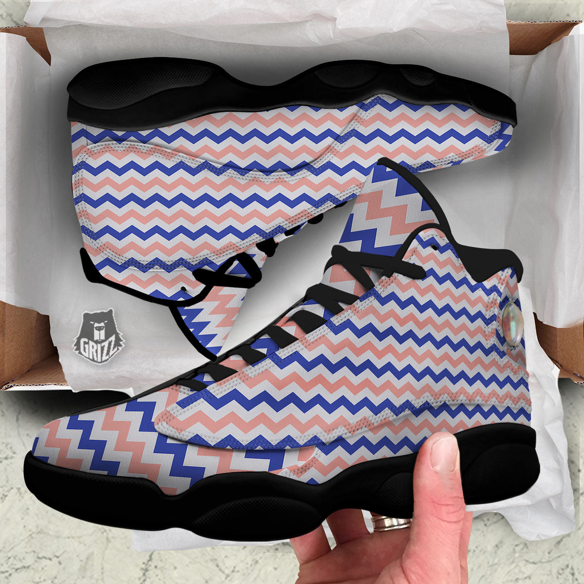 Zigzag White Pink And Navy Print Pattern Black Basketball Shoes-grizzshop