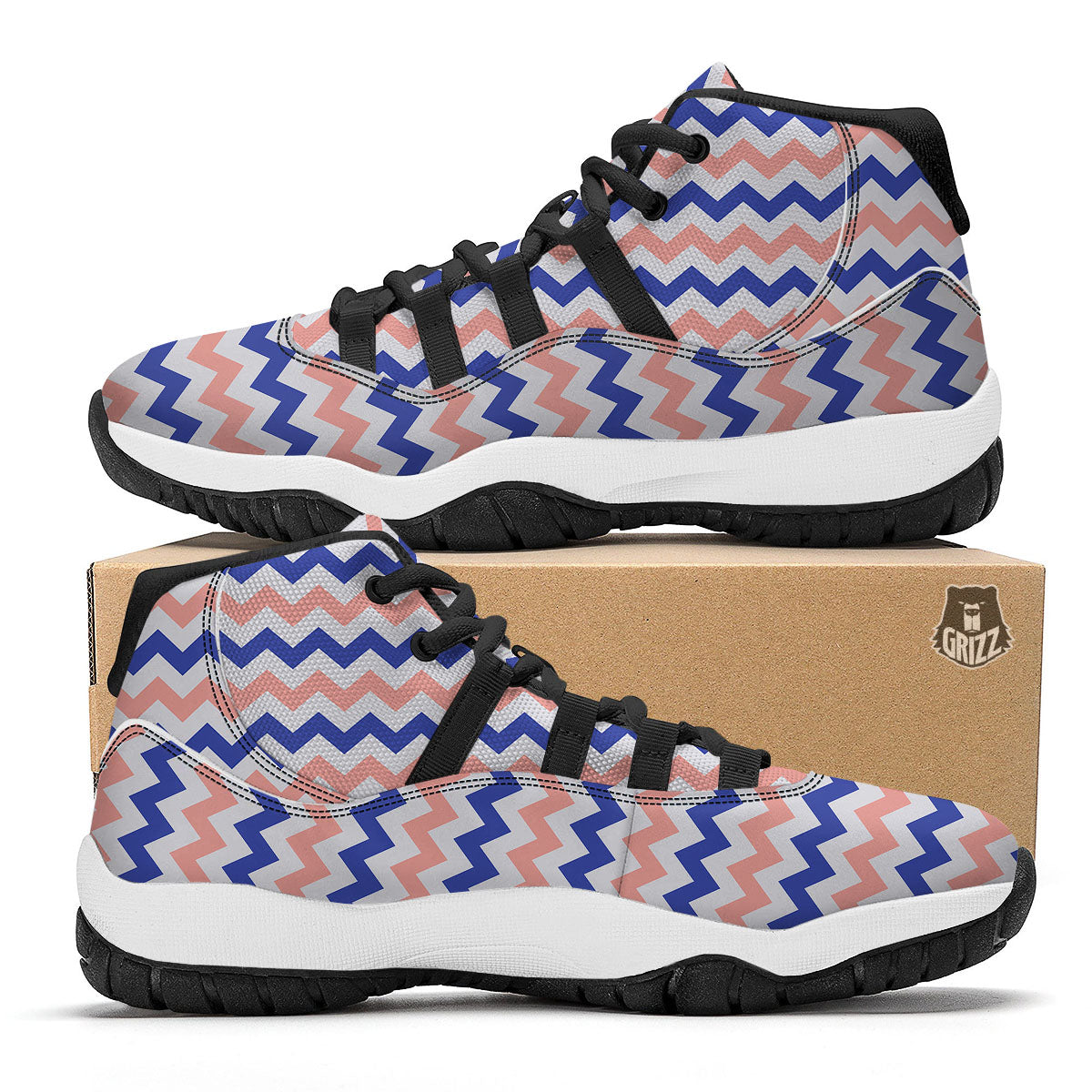 Zigzag White Pink And Navy Print Pattern Black Bball Shoes-grizzshop