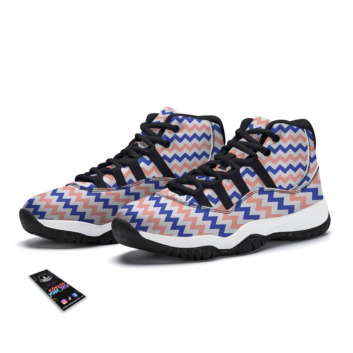 Zigzag White Pink And Navy Print Pattern Black Bball Shoes-grizzshop