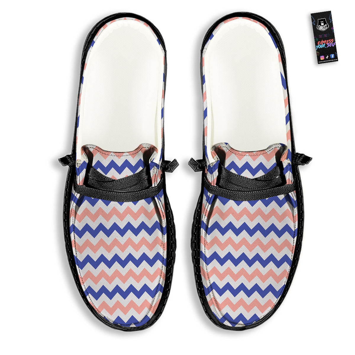 Zigzag White Pink And Navy Print Pattern Black Loafers-grizzshop