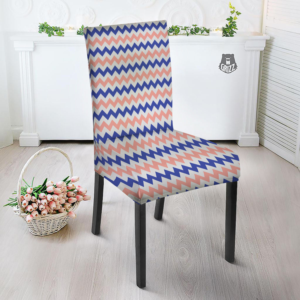 Zigzag White Pink And Navy Print Pattern Dining Chair Slipcover-grizzshop