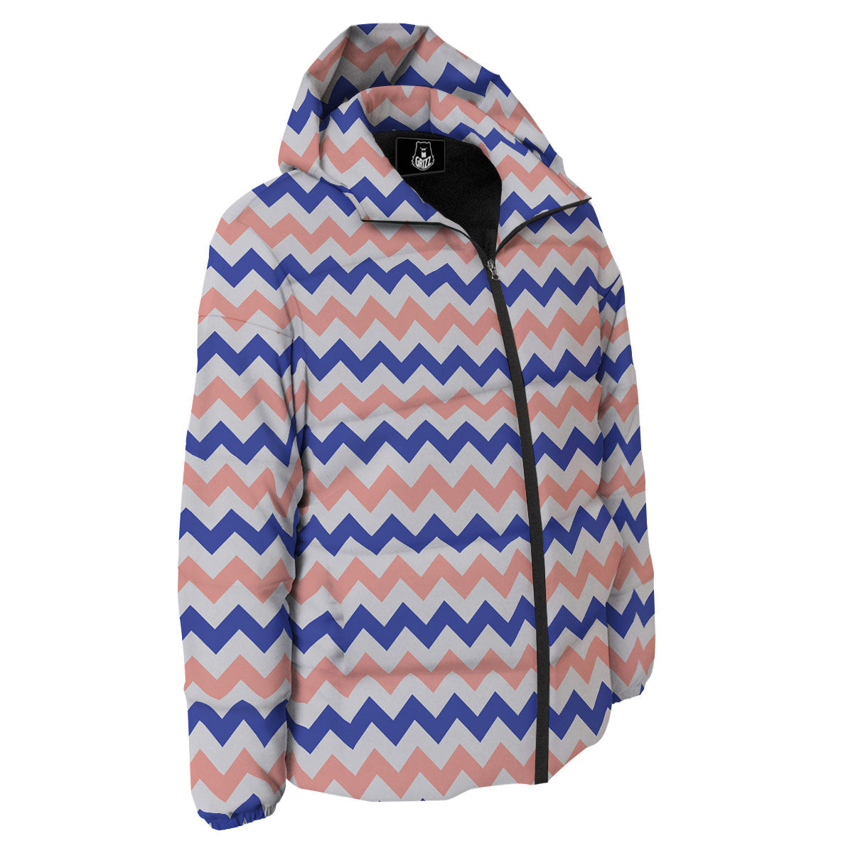 Zigzag White Pink And Navy Print Pattern Down Jacket-grizzshop