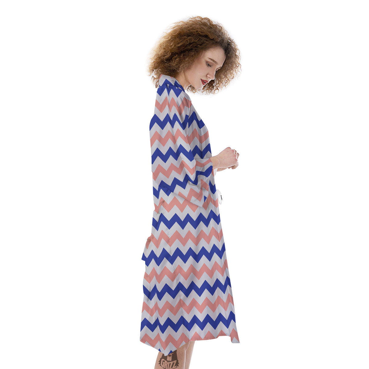 Zigzag White Pink And Navy Print Pattern Kimono-grizzshop