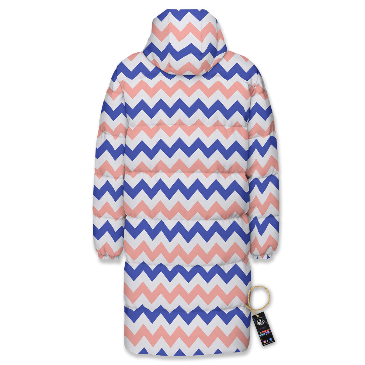Zigzag White Pink And Navy Print Pattern Long Down Jacket-grizzshop