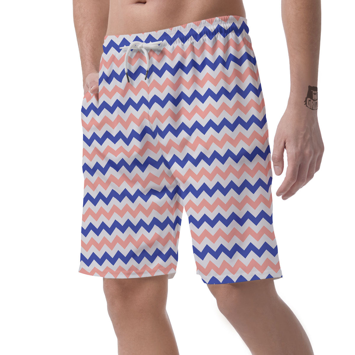 Zigzag White Pink And Navy Print Pattern Men's Shorts-grizzshop