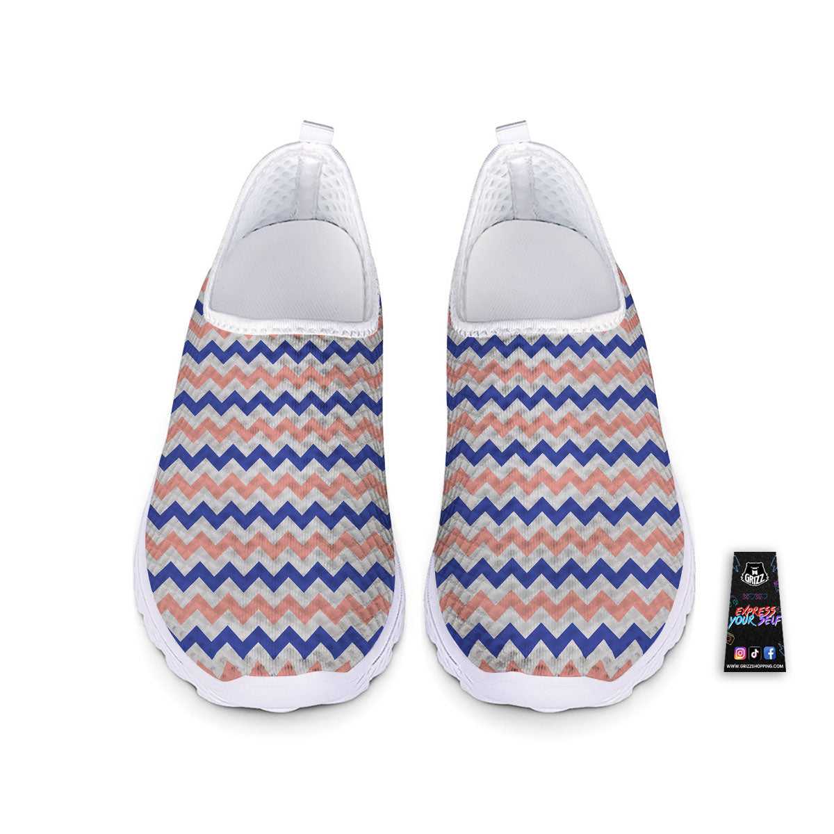 Zigzag White Pink And Navy Print Pattern Nurse Shoes-grizzshop