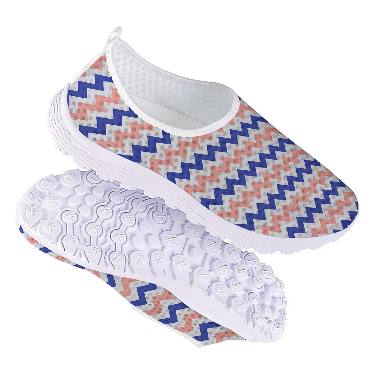 Zigzag White Pink And Navy Print Pattern Nurse Shoes-grizzshop