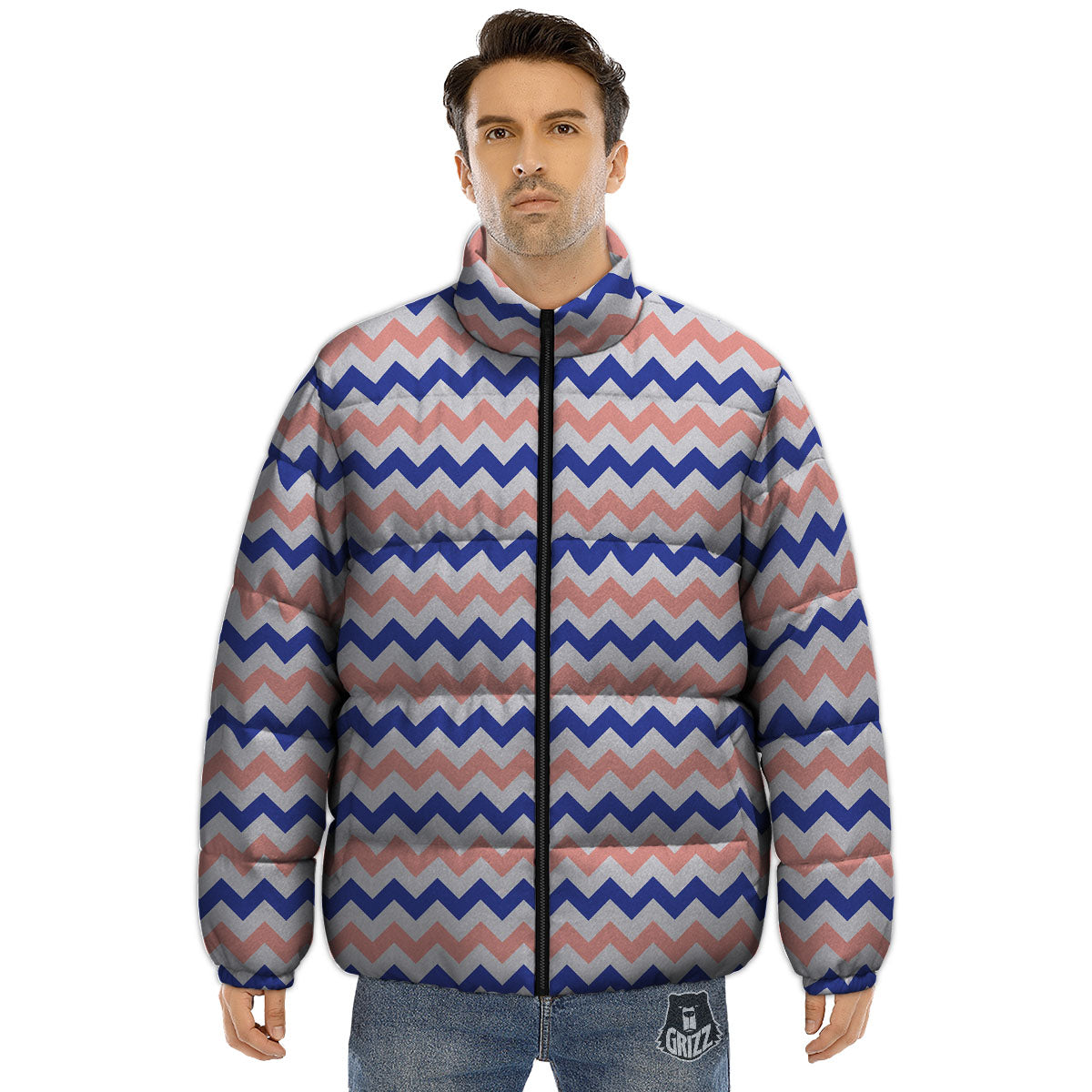 Zigzag White Pink And Navy Print Pattern Puffer Jacket-grizzshop