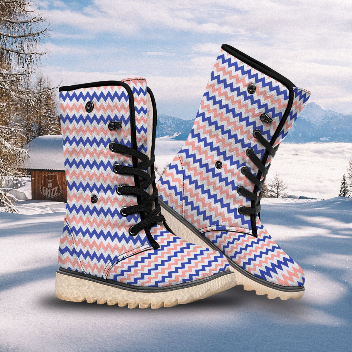 Zigzag White Pink And Navy Print Pattern Snow Boots-grizzshop