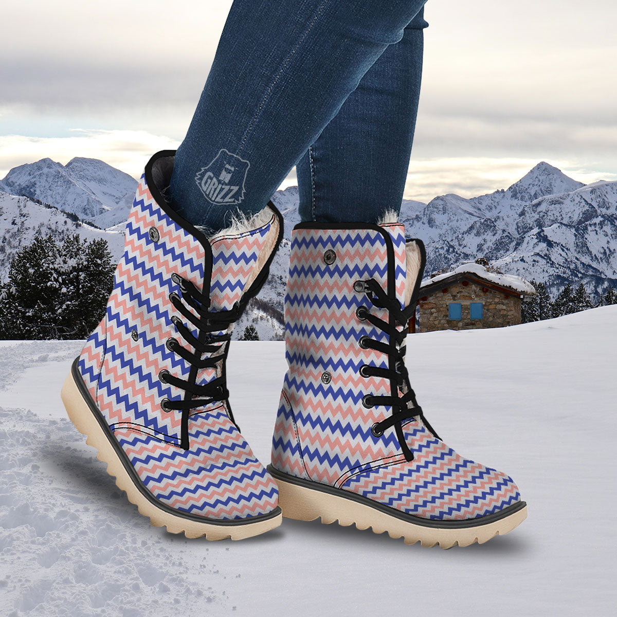 Zigzag White Pink And Navy Print Pattern Snow Boots-grizzshop