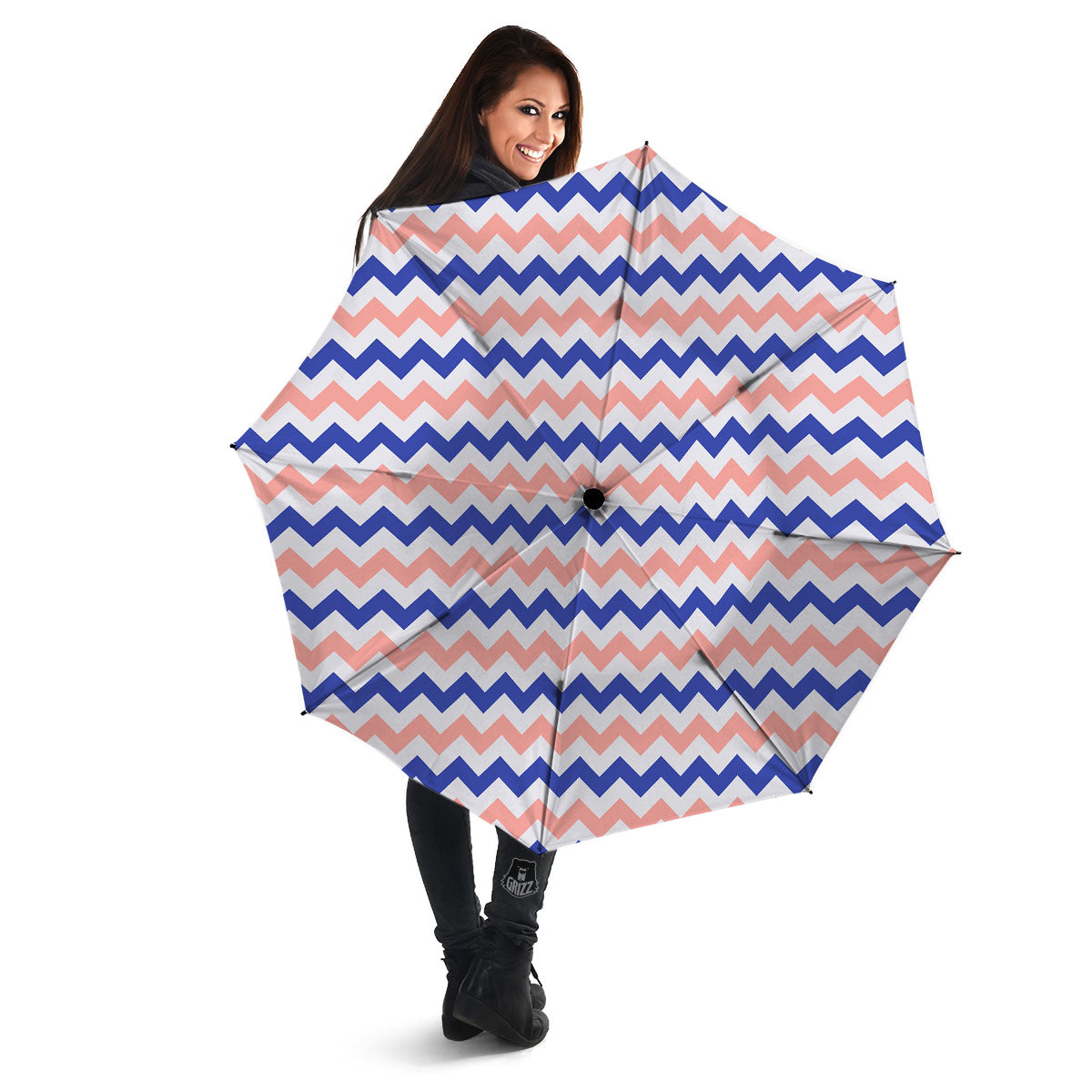 Zigzag White Pink And Navy Print Pattern Umbrella-grizzshop