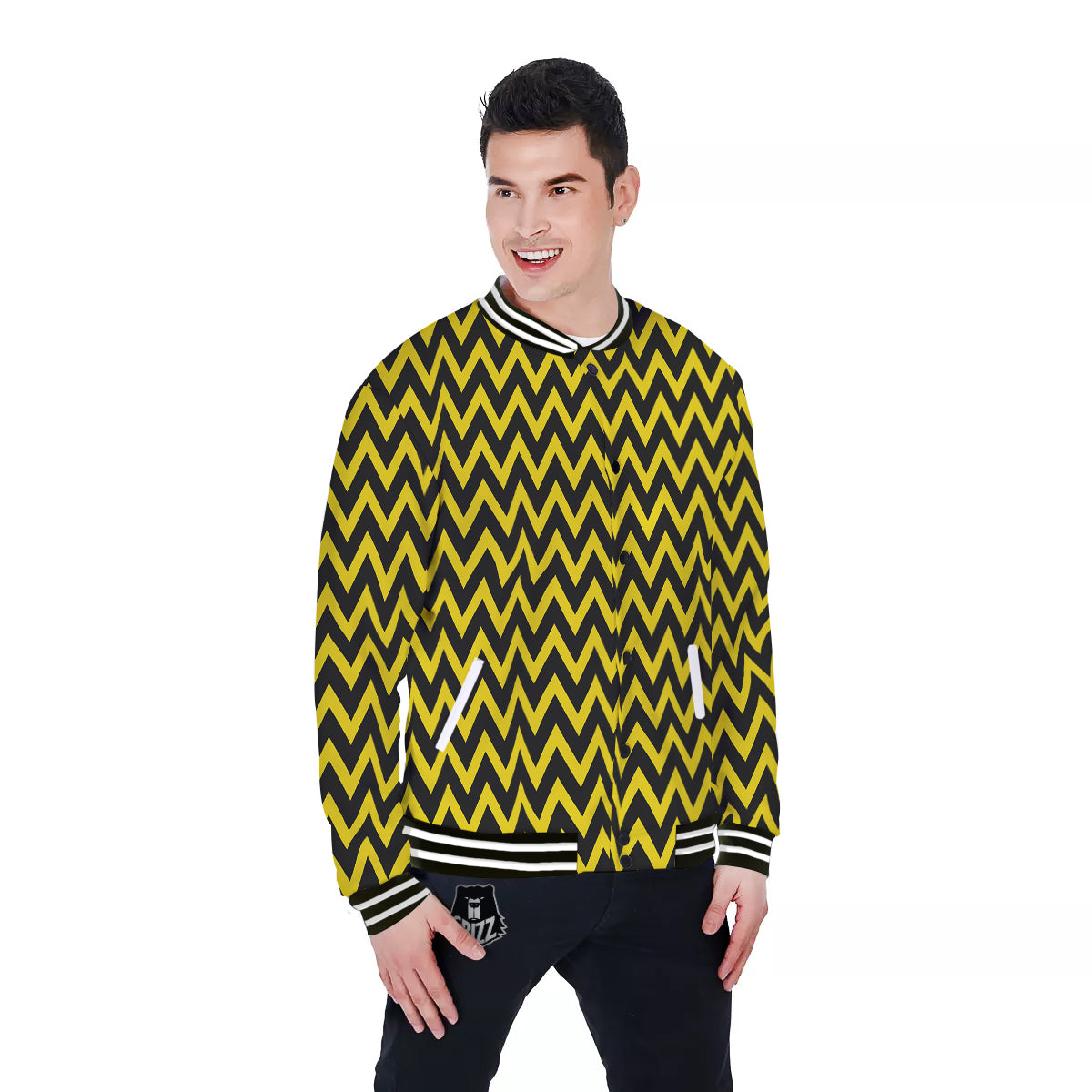Zigzag Yellow And Black Print Pattern Baseball Jacket-grizzshop
