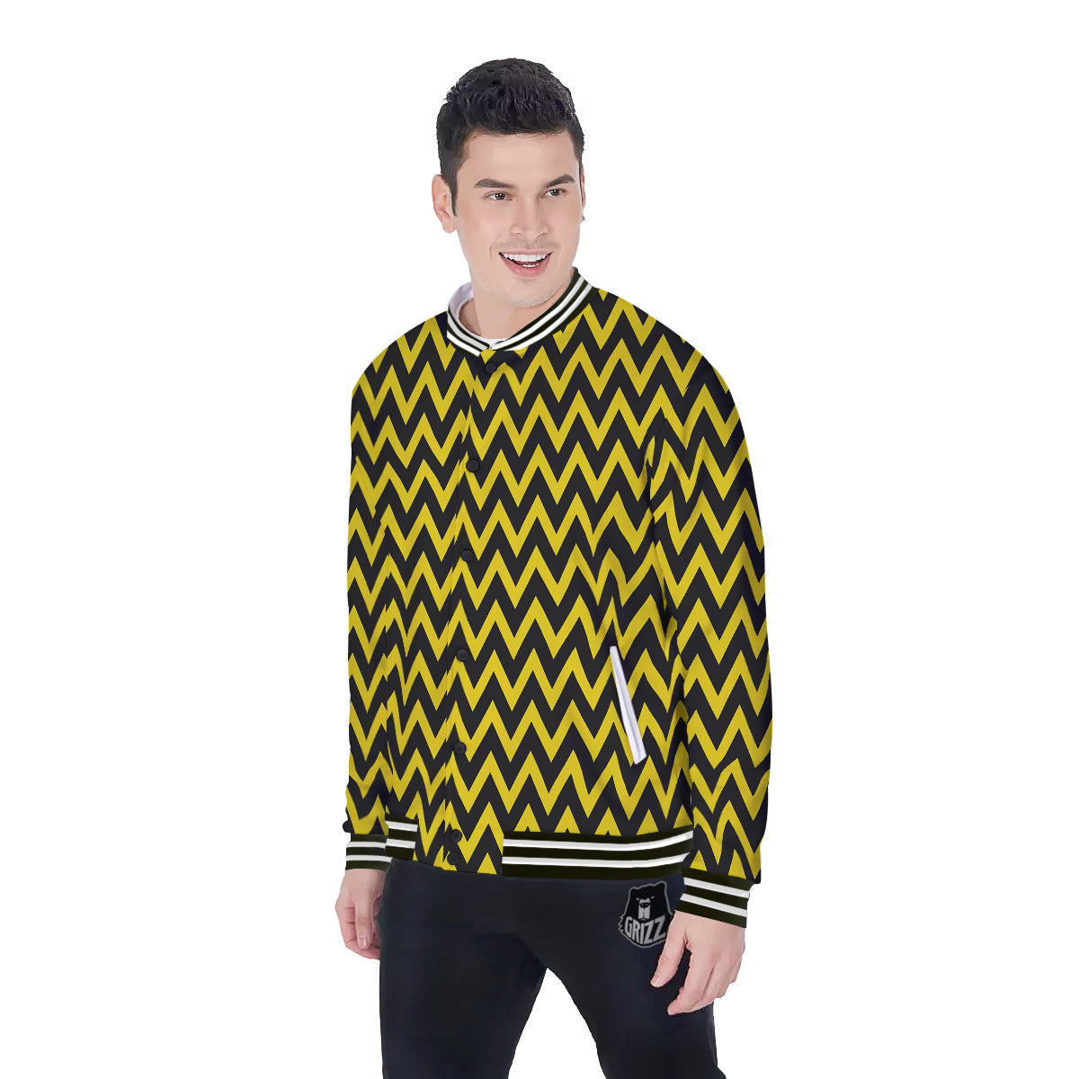 Zigzag Yellow And Black Print Pattern Baseball Jacket-grizzshop