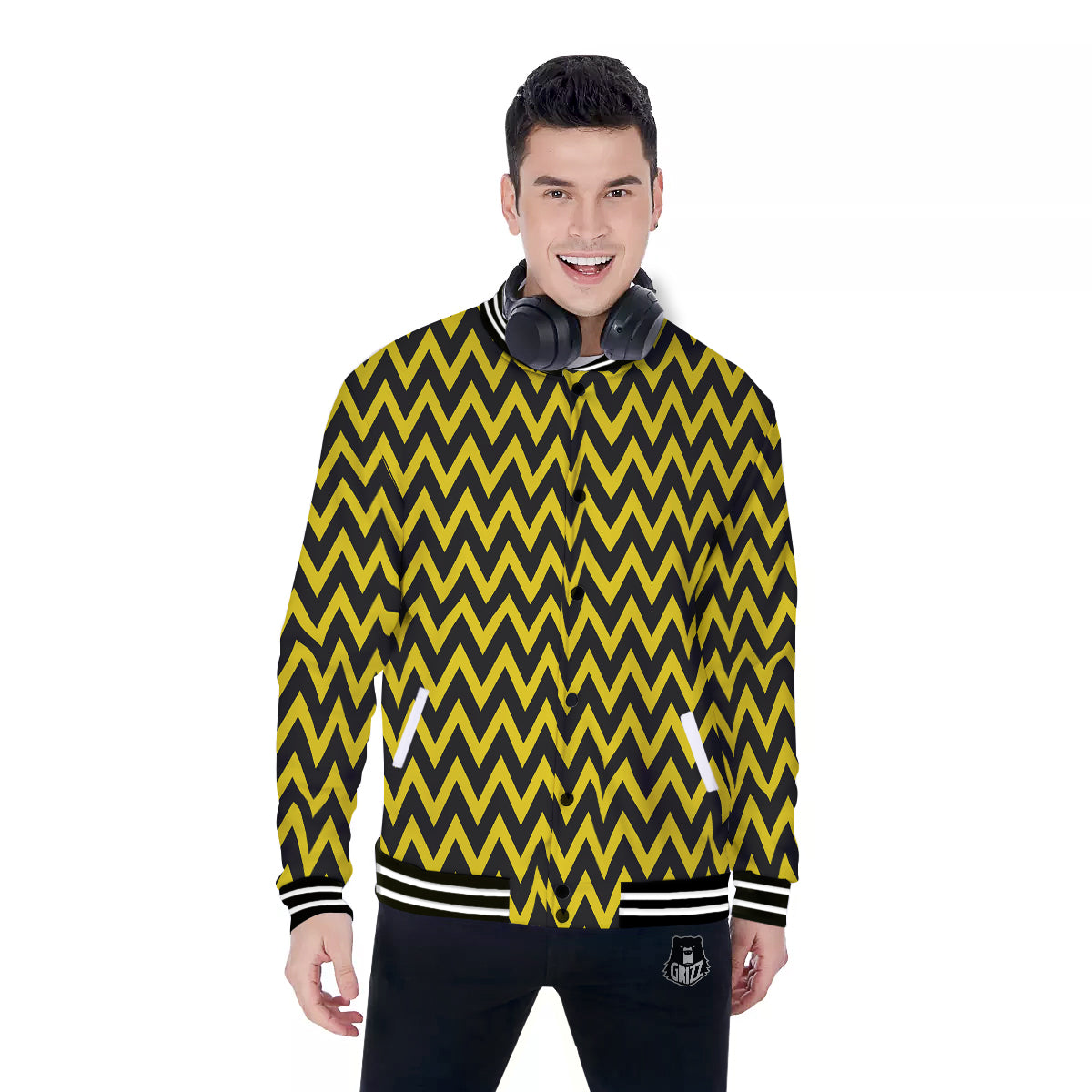 Zigzag Yellow And Black Print Pattern Baseball Jacket-grizzshop