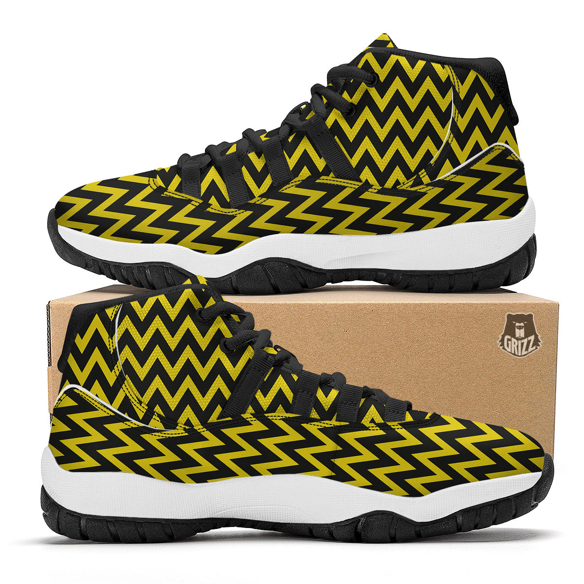 Zigzag Yellow And Black Print Pattern Black Bball Shoes-grizzshop