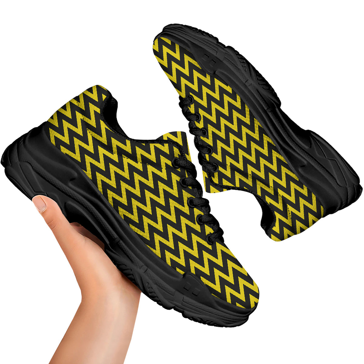 Zigzag Yellow And Black Print Pattern Black Chunky Shoes-grizzshop
