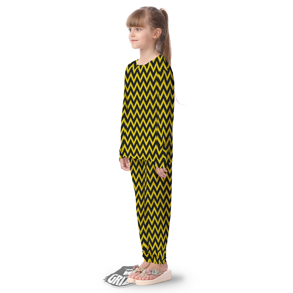 Zigzag Yellow And Black Print Pattern Kid's Pajamas-grizzshop