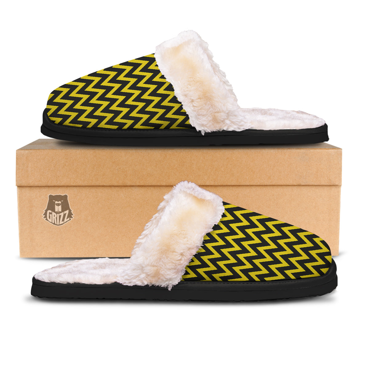 Zigzag Yellow And Black Print Pattern Slippers-grizzshop