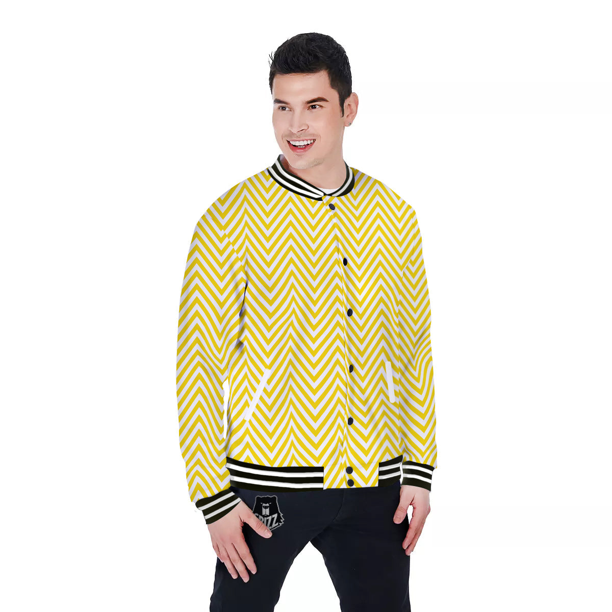 Zigzag Yellow And White Print Pattern Baseball Jacket-grizzshop