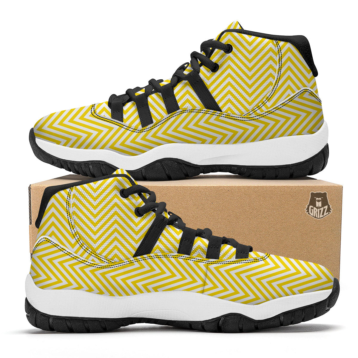 Zigzag Yellow And White Print Pattern Black Bball Shoes-grizzshop