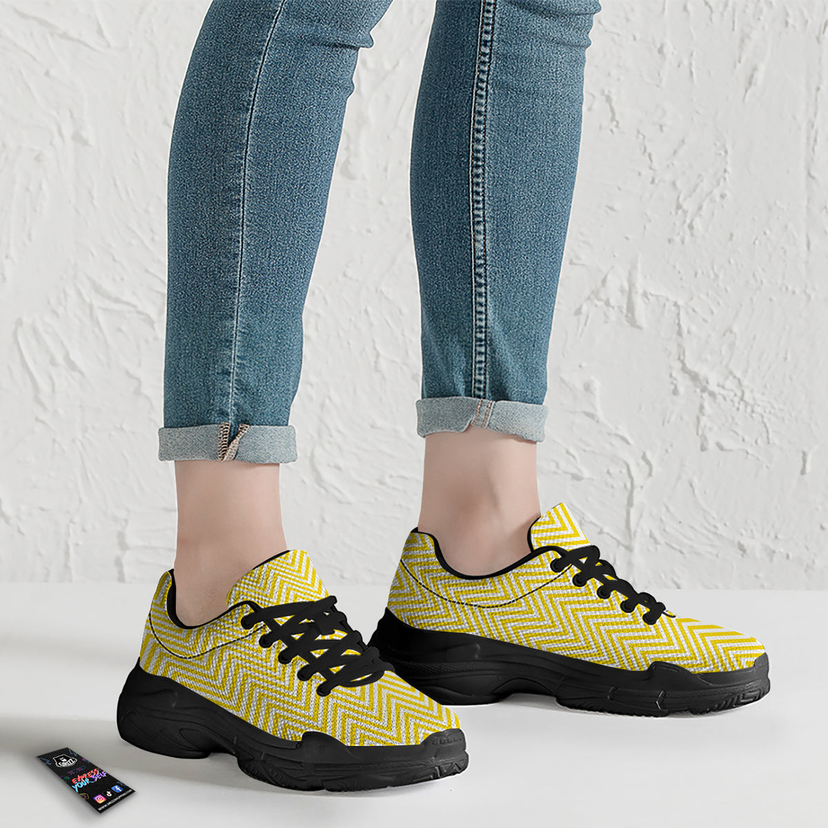 Zigzag Yellow And White Print Pattern Black Chunky Shoes-grizzshop