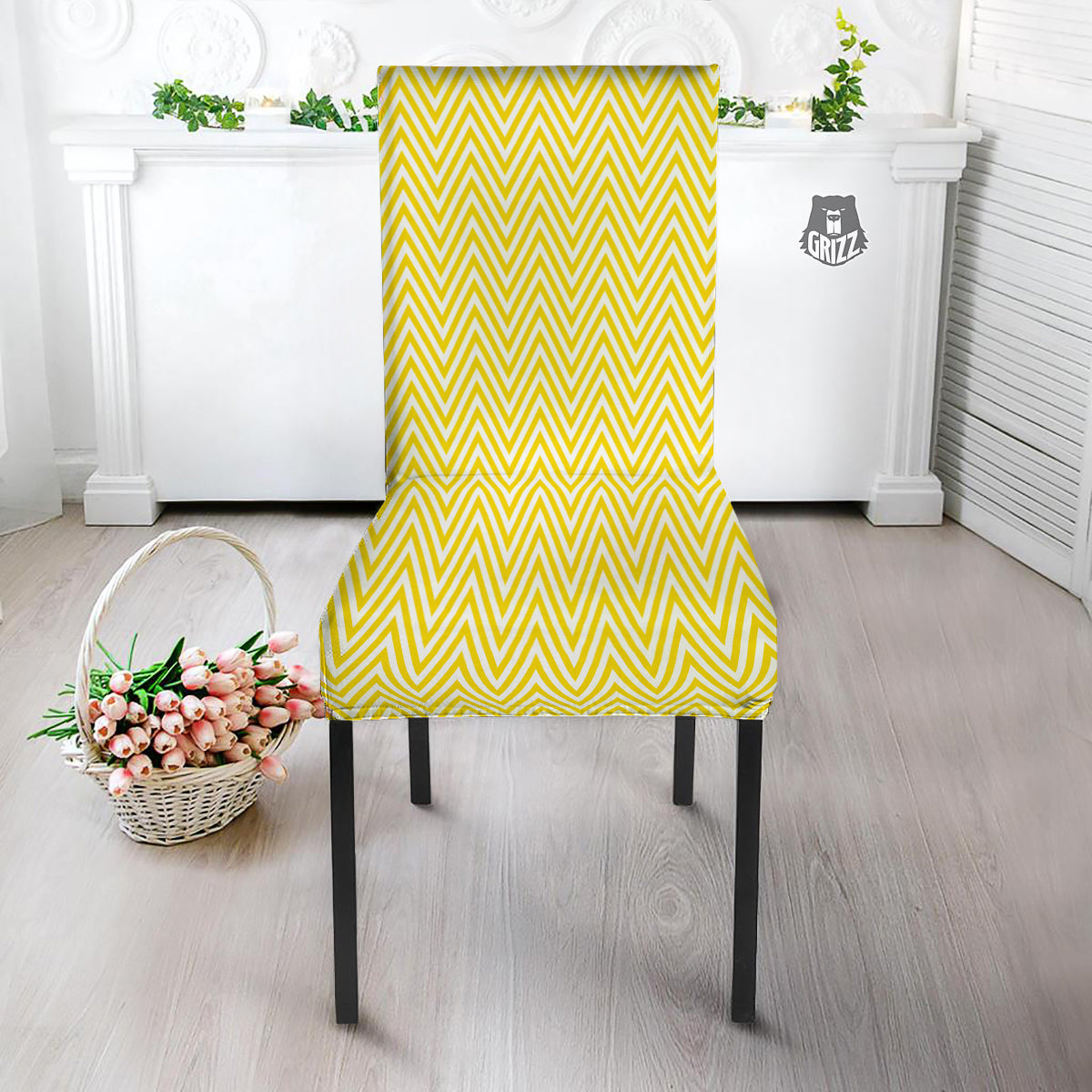 Zigzag Yellow And White Print Pattern Dining Chair Slipcover-grizzshop