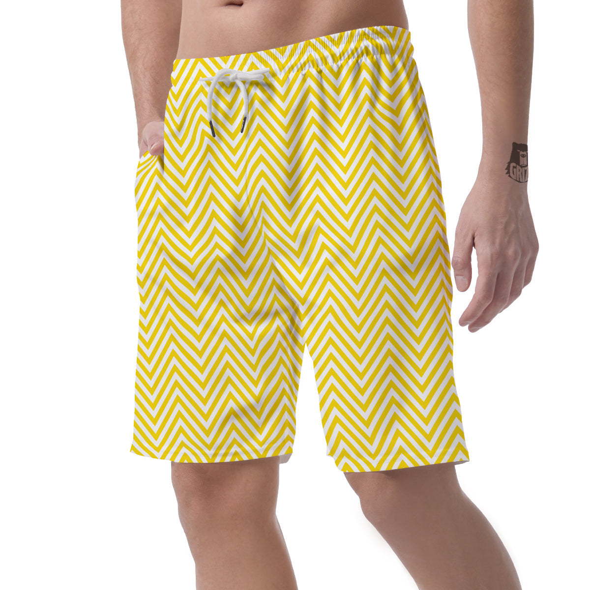 Zigzag Yellow And White Print Pattern Men's Shorts-grizzshop