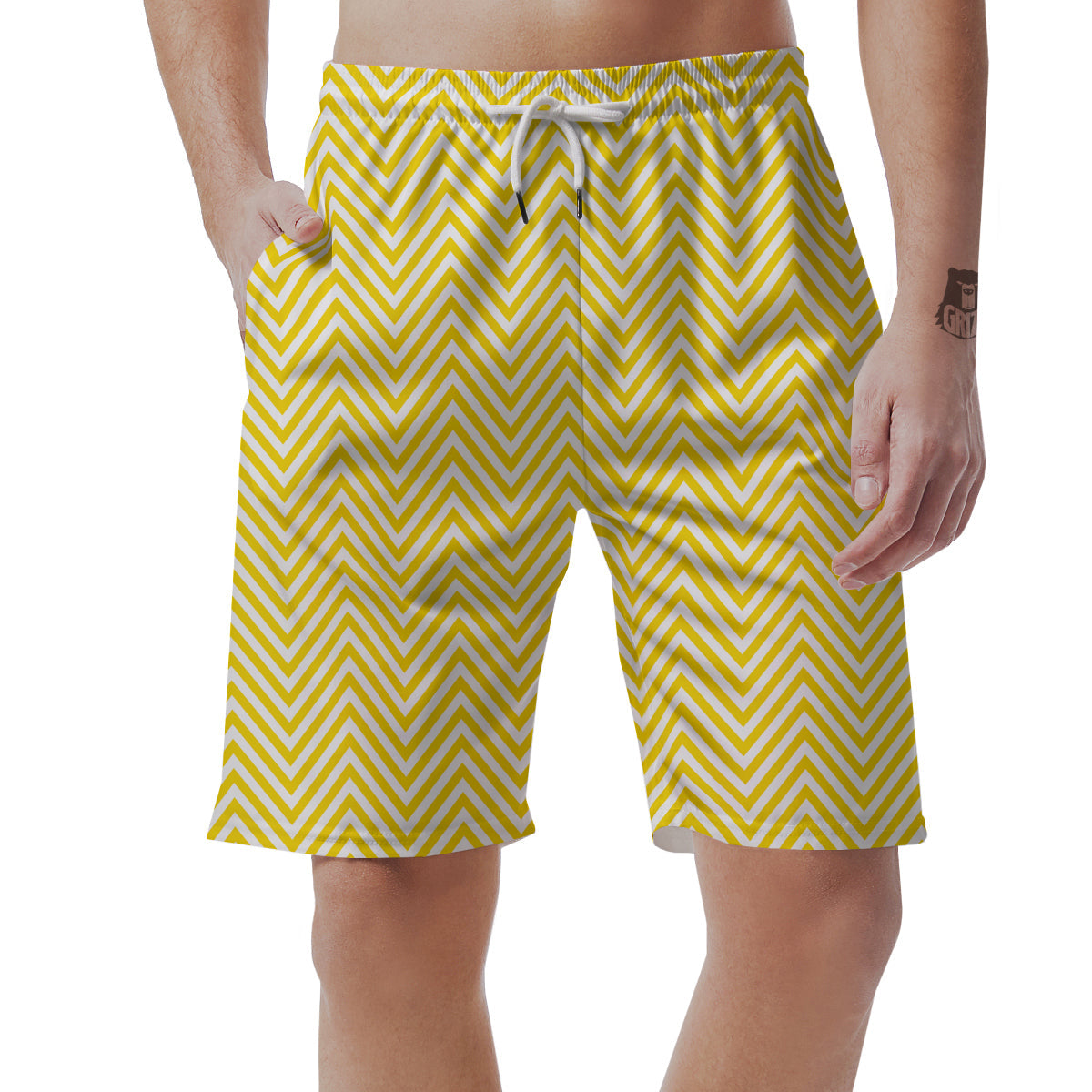 Zigzag Yellow And White Print Pattern Men's Shorts-grizzshop