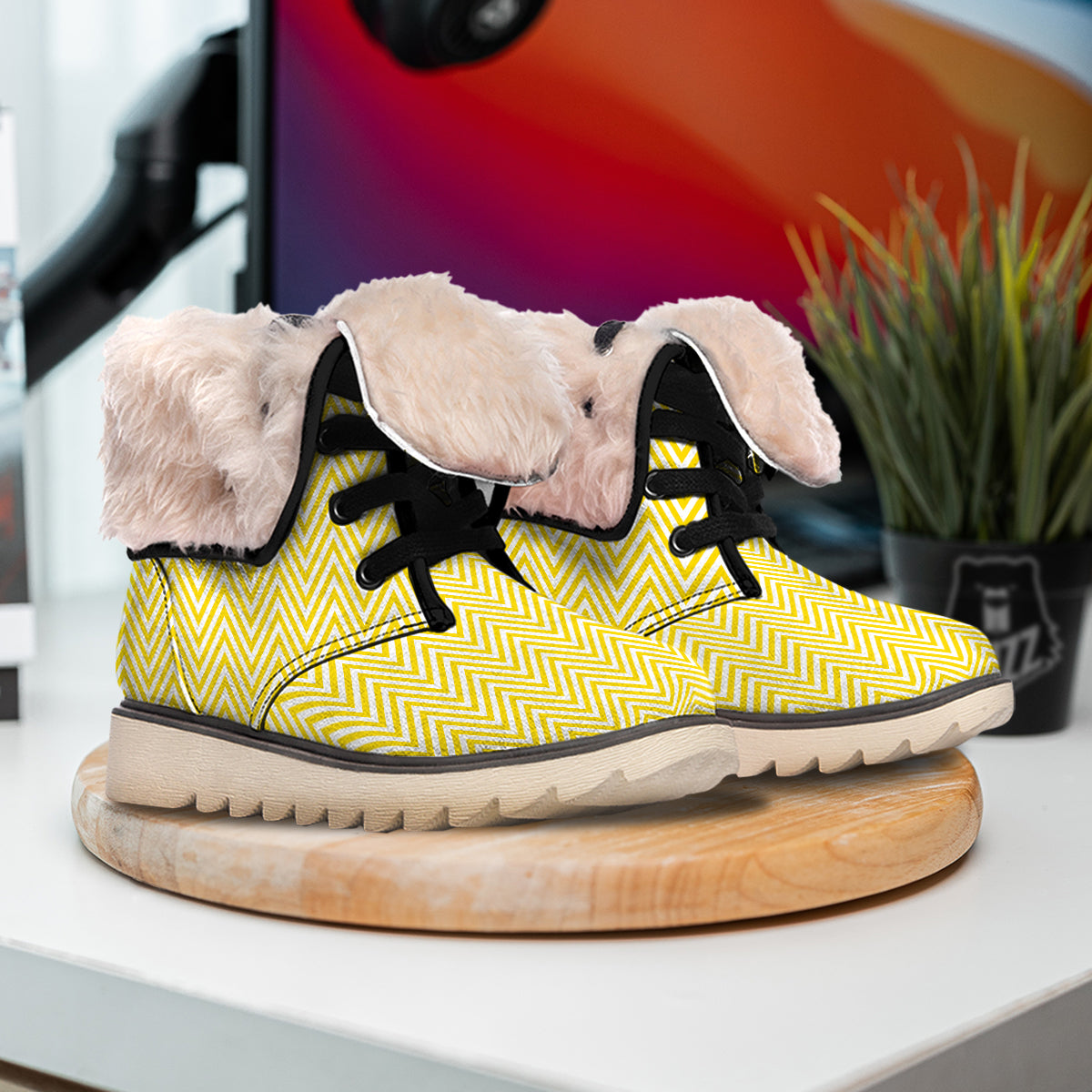 Zigzag Yellow And White Print Pattern Snow Boots-grizzshop