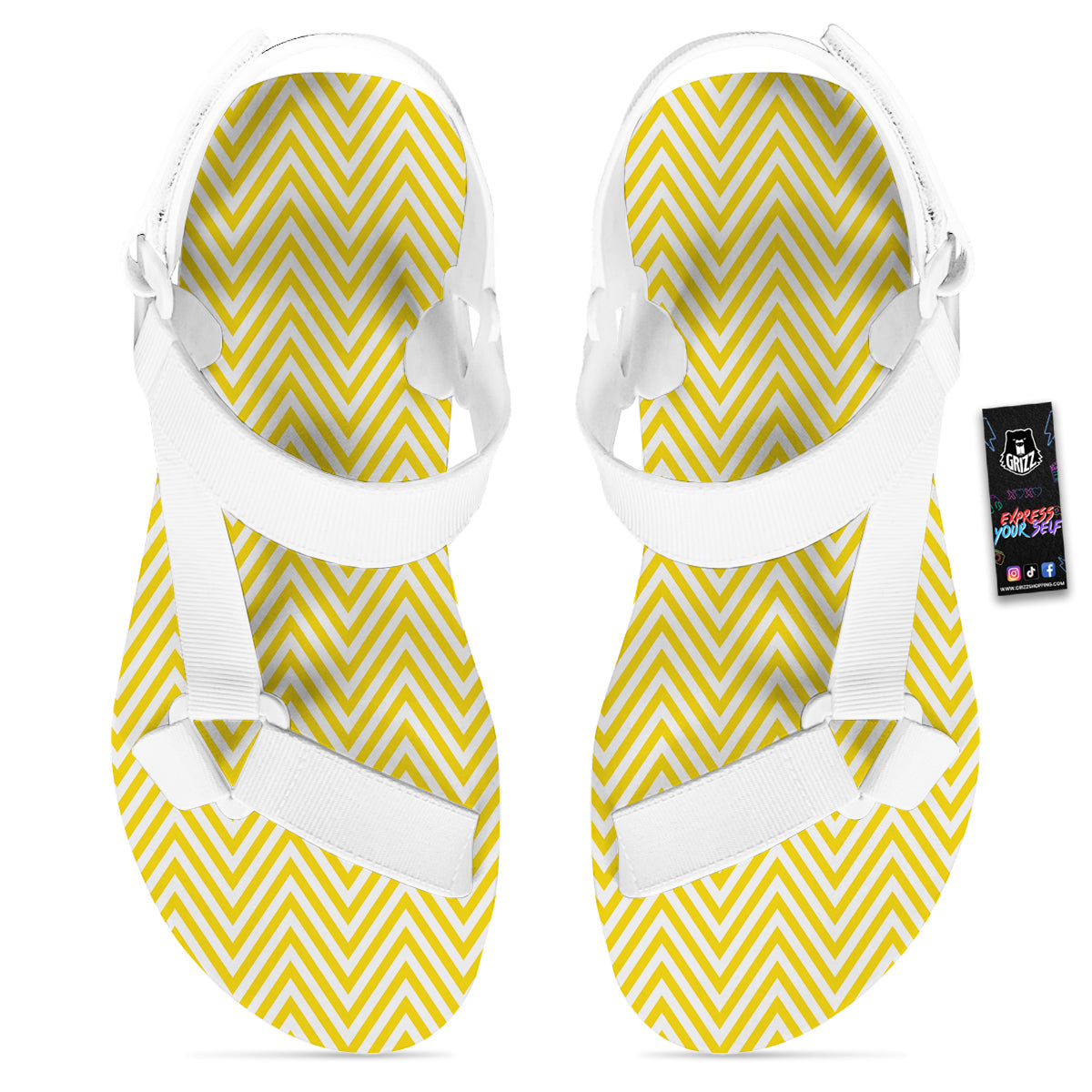 Zigzag Yellow And White Print Pattern White Open Toe Sandals-grizzshop
