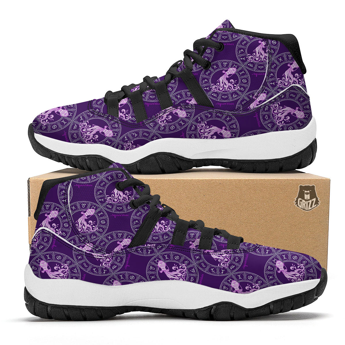 Zodiac Aquarius Purple Print Pattern Black Bball Shoes-grizzshop