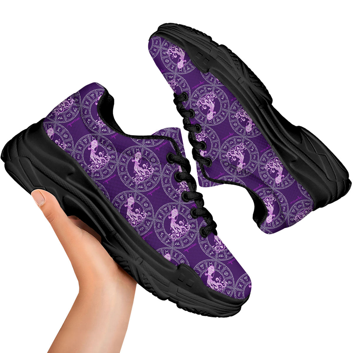 Zodiac Aquarius Purple Print Pattern Black Chunky Shoes-grizzshop