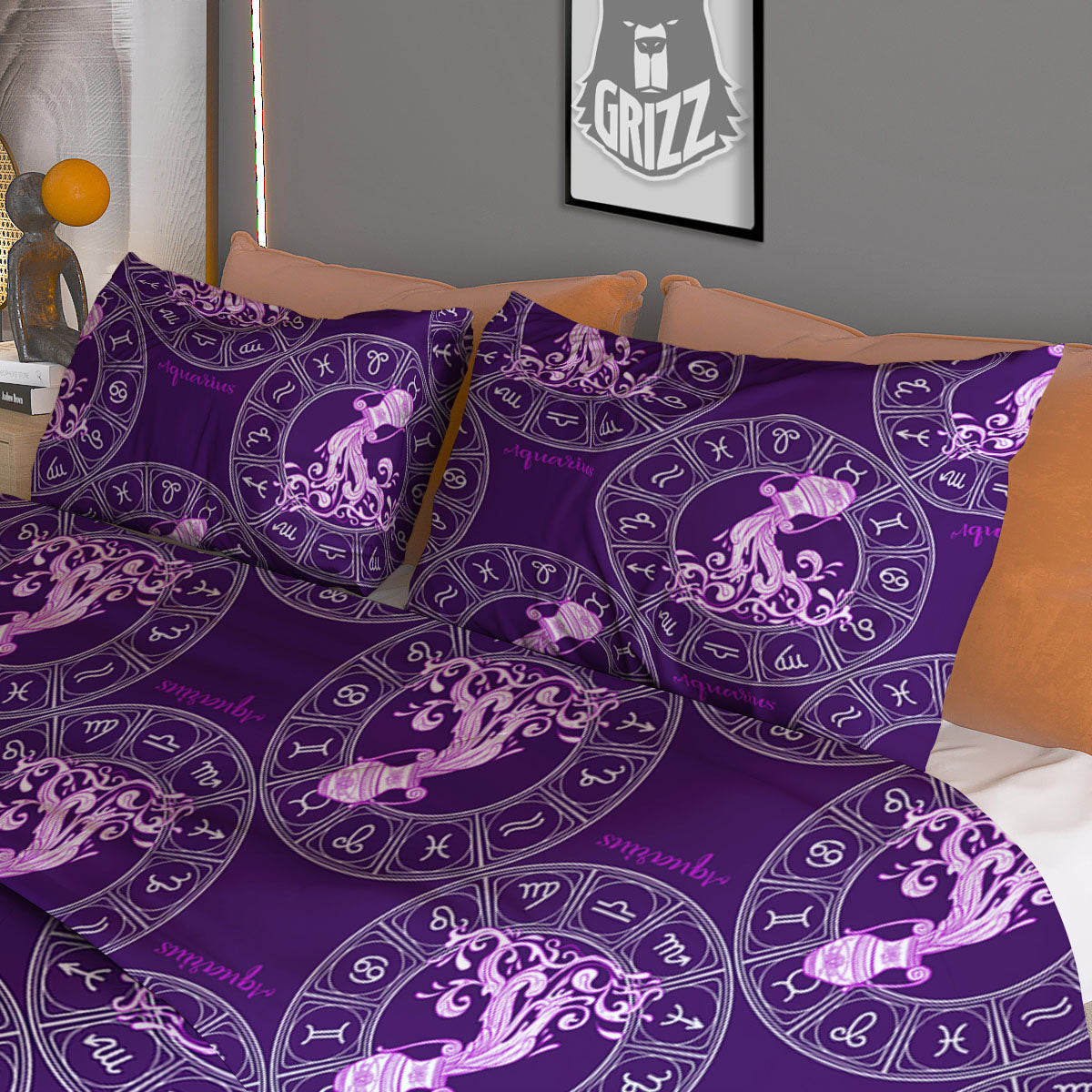 Zodiac Aquarius Purple Print Pattern Duvet Cover Bedding Set
