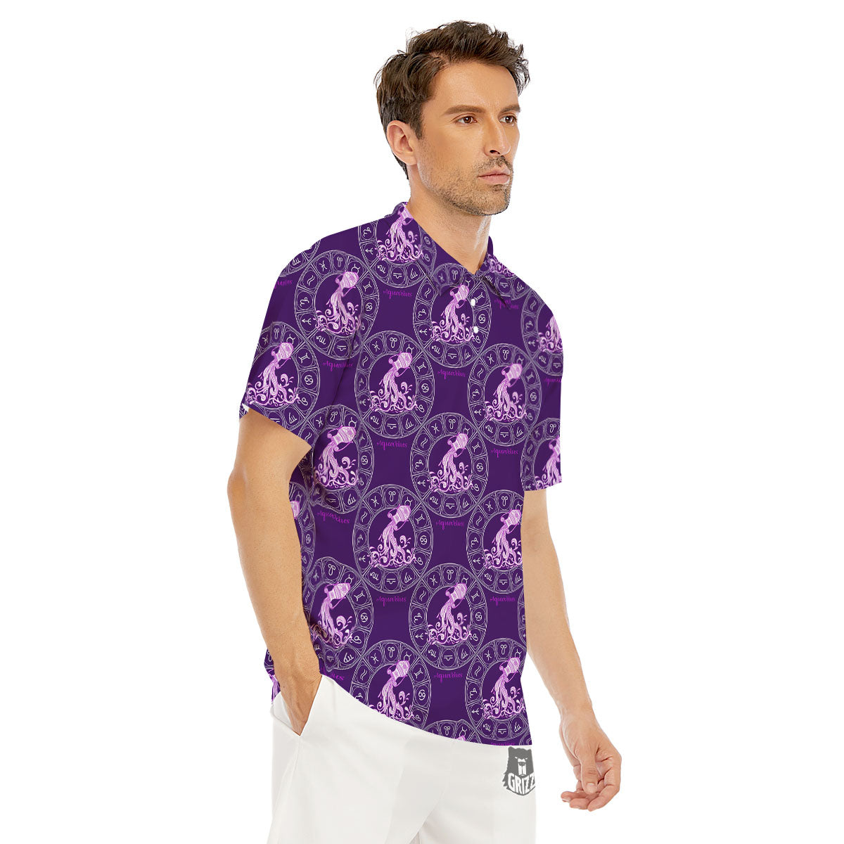 Zodiac Aquarius Purple Print Pattern Men's Golf Shirts-grizzshop