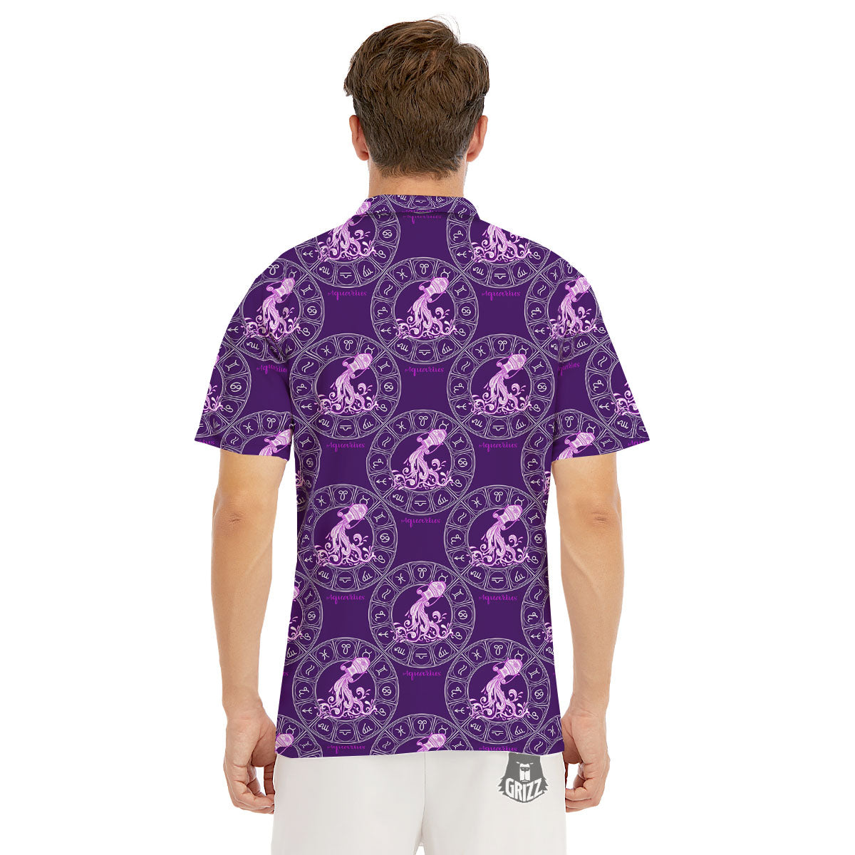 Zodiac Aquarius Purple Print Pattern Men's Golf Shirts-grizzshop
