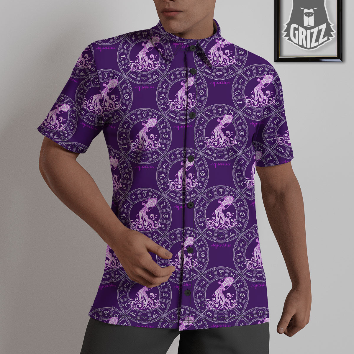 Zodiac Aquarius Purple Print Pattern Untucked Shirts-grizzshop