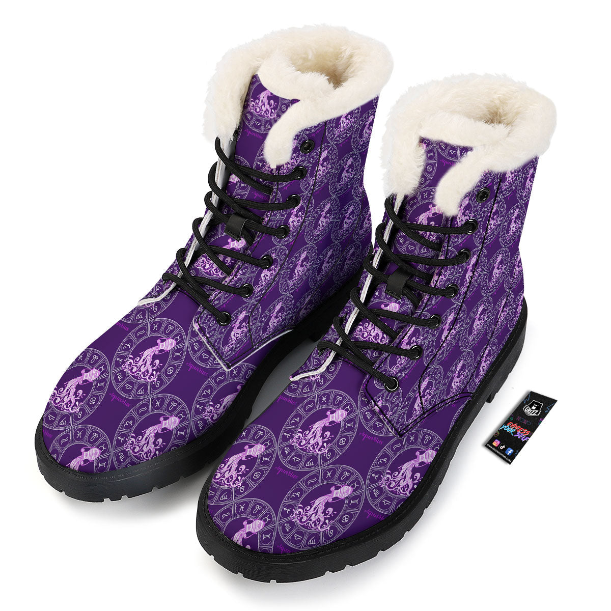 Zodiac Aquarius Purple Print Pattern Winter Boots-grizzshop